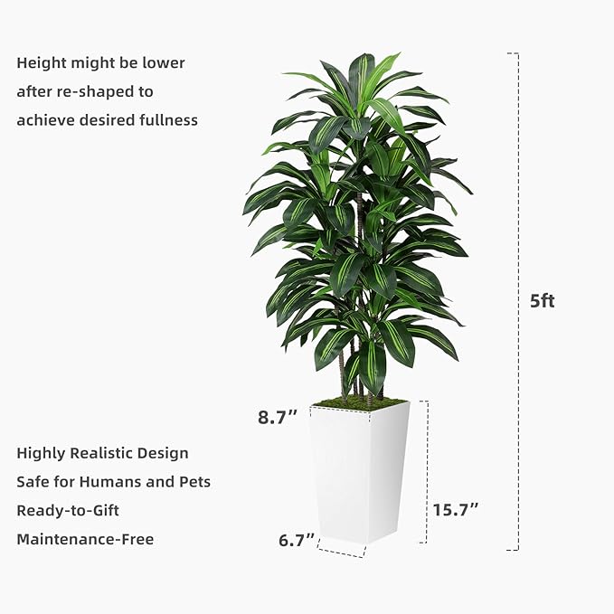 Artificial Dracaena Plant Indoor 5FT - Fake Tree with Gray Tall Planter - Faux Yucca Tree Tall Fake Floor Plant in Pot - Artificial Trees for Home Office Indoor
