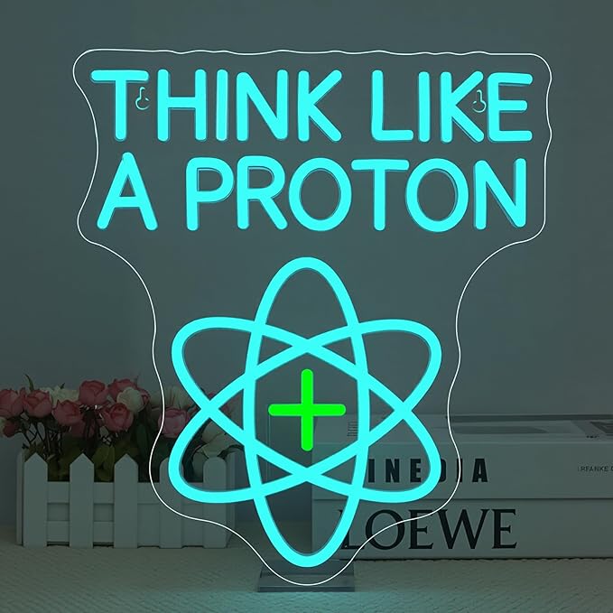 Think Like a Proton Neon Sign – Dimmable LED Wall Light with USB Power, 5V/2A – Science-Themed Room Decor for Kids, Students, Dorms, Offices, and Gift Ideas