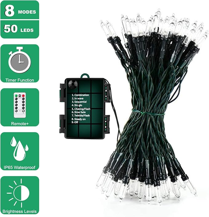 Christmas Lights, Battery Operated String Lights 18ft 50 LED Mini String Lights, Waterproof Lights with Remote Timer 8 Modes, Indoor Outdoor Garden Party Wedding Xmas Tree Decoration, Warm White