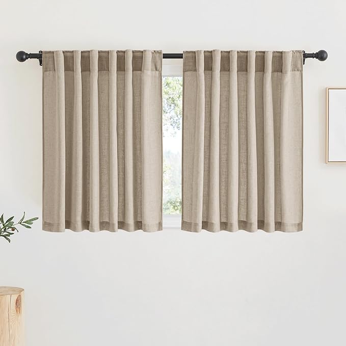 RYB HOME Natural Linen Blend Sheer Curtains for Kitchen, Semi Sheer Light Filtering Privacy Protected Rod Pocket & Back Tab Curtain Panels for Small Window, 52 x 45 inch, Khaki, 2 Panels Set