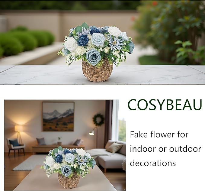 Artificial Flowers Fake Roses, Faux Plant with Stems for DIY Wedding Bouquets Bridal Shower Centerpieces Arrangements Party Tables Decorations (23, Mix Shades of Blue)