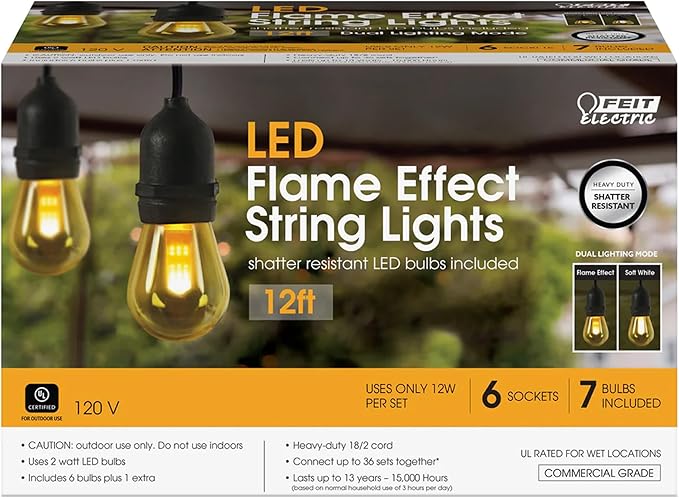 Feit Electric LED String Lights with Flame Bulbs Effect, 12ft Commercial Grade and Shatter Resistant String Lights, 6 Sockets, Linkable, 15,000-Hour Lifetime, SL12-6/FLAME, 7 Bulbs Included