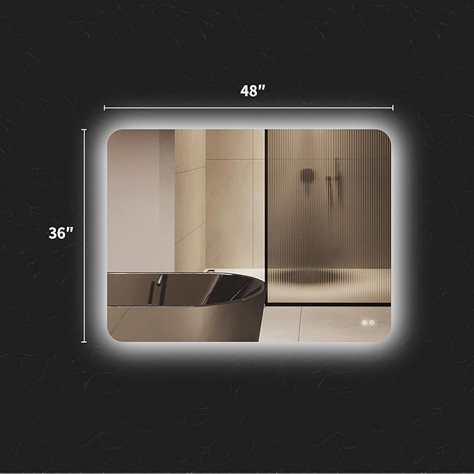 48''x36'' Lighted Mirrors for Bathroom Wall Backlit Rectangular Rounded Corners, LED Bathroom Mirror Frameless with Lights Anti Fog, Dimmable, 3 Colors,Tempered Glass, Shatter-Proof (Color 2)