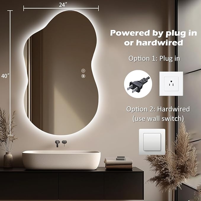 LED Bathroom Mirror with Lights 24x40, Stepless Dimmable Irregular Backlit Mirror with 3 Colors, Anti-Fog, Memory, Al-Alloy Lampshade, Frameless Smart Mirror for Bathroom (Horizontal/Vertical)