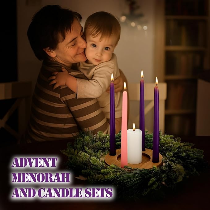 Mumufy 6 Pcs Advent Candle Holder Set Nativity Christmas Centerpiece Religious Decorations Rustic Wooden Advent Candlestick Holders with Purple Pink Taper Candles for Thanksgiving Christmas Nativity