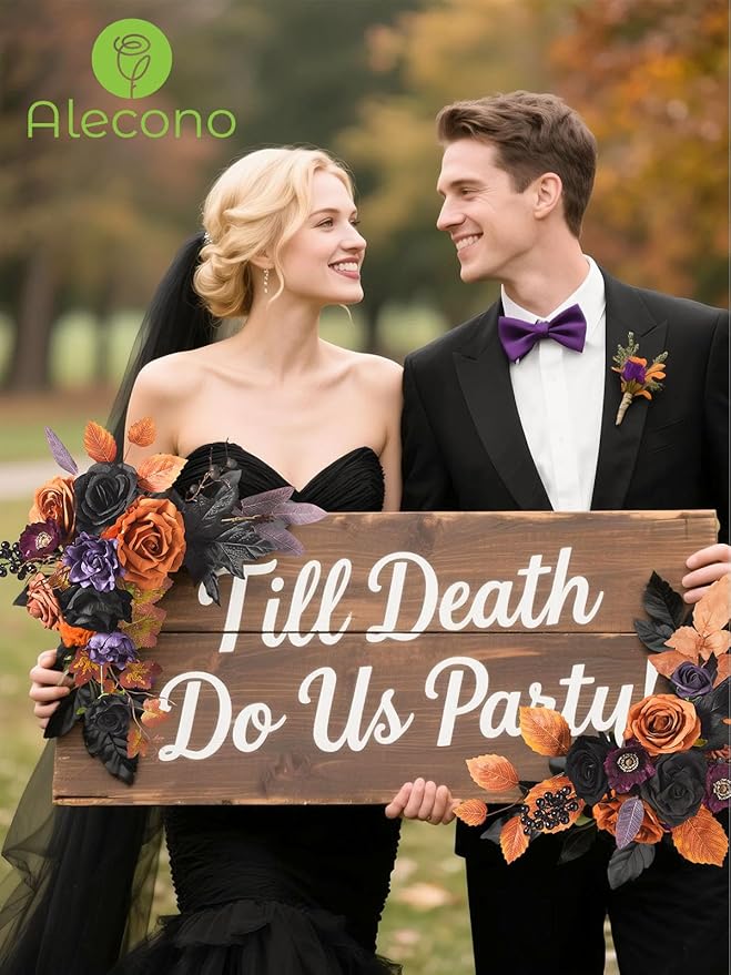 Alecono Artificial Flowers, Orange and Purple Silk Fake Flowers for DIY Wedding Bridal Bouquets, Cake Flowers for HalloweenTable Centerpieces Party Home Decorations