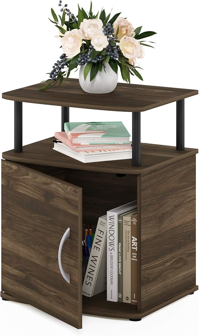 Furinno JAYA End Side Sofa Table/Nightstand with Door, 1-Pack, Columbia Walnut/Black