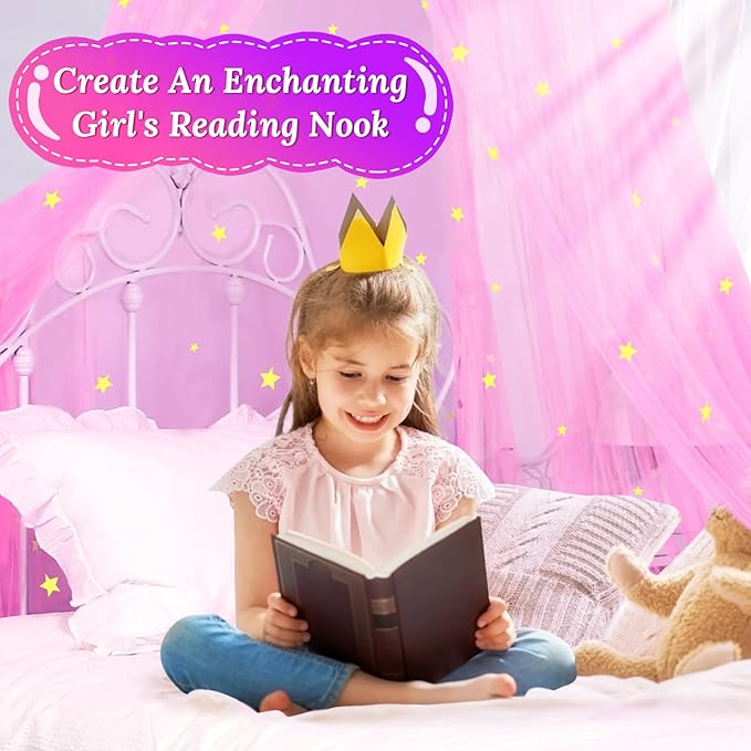 South to East Princess Bed Canopy with Glowing Stars, Pink Canopy for Girls' Room, Bed Canopy Curtains from Ceiling for Twin & Full Size Beds, Ideal Gift, Fire Retardant Fabric