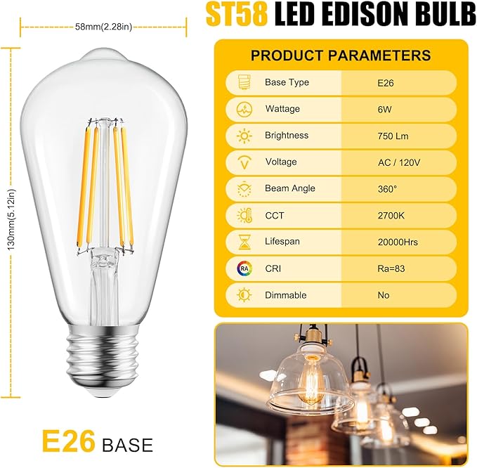 Brightown 4 Pack LED Edison Bulbs, 6W, Equivalent 60W, High Bright 2700K Warm White,750 Lumens, Non-Dimmable, E26 Medium Base ST58 Antique Filament Bulbs with 83+ CRI for Ceiling Fan Bathroom Porch