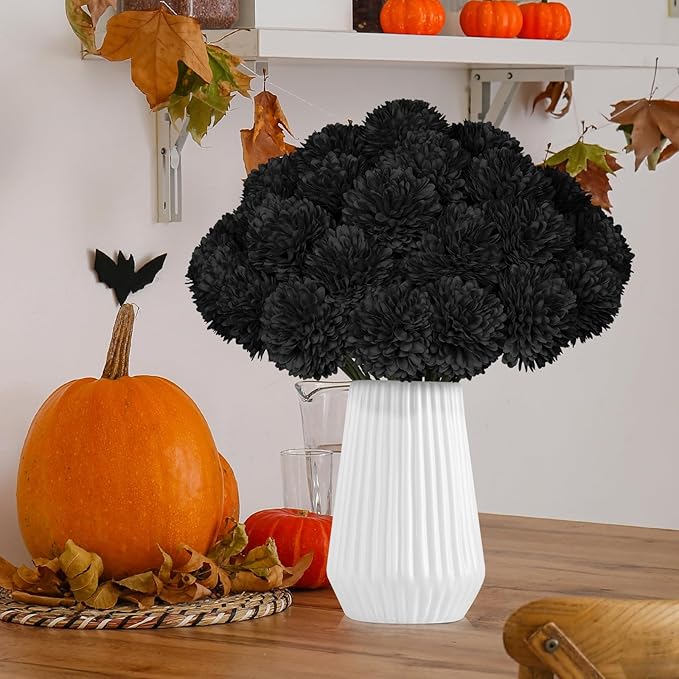 36 Pcs Black Artificial Chrysanthemums Flowers Ball Flower Silk Fake Mums Flowers for Halloween Ghothic Home Decor Indoor Floral Arrangement Table Centerpiece