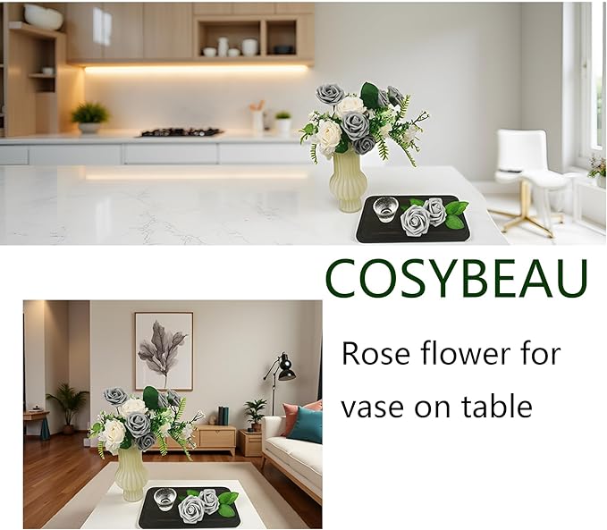 Grey Roses Artificial Flowers 25 PCS, Fake Rose Flower Heads Flowers with Stem for DIY Bouquets Wedding Decorations Centerpieces Arrangements Party Home Decor
