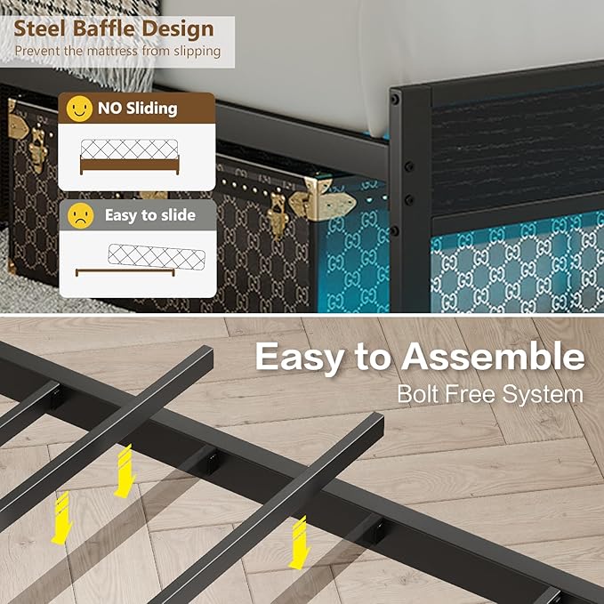 Twin Size Bed Frame with Charging Station and LED Lights, Metal Bed Frame with Headboard, Black Upholstered Headboard with 2-Tier Storage Shelves, Noise Free, No Box Spring Needed, Black