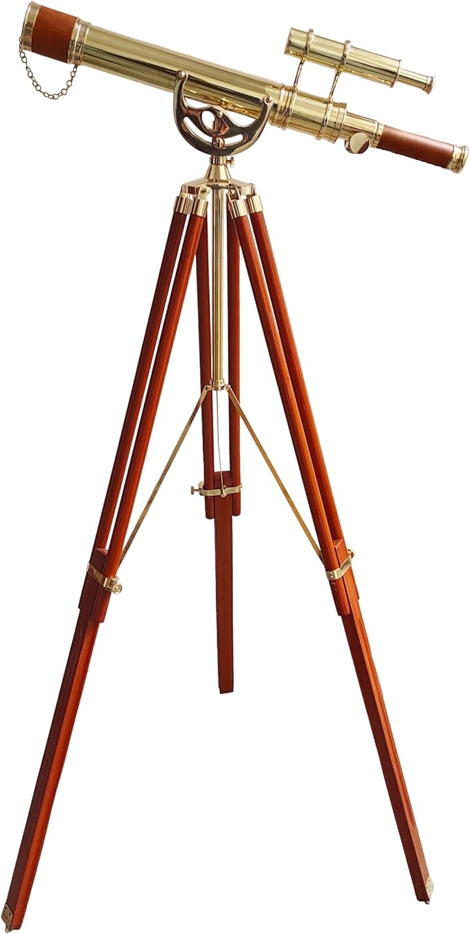 Vintage Maritime Anchor Master Telescope Shiny Brass Adjustable Wooden Tripod Royal Educational Telescopes Double Barrel Brown Leather Nautical Home Decor & Office