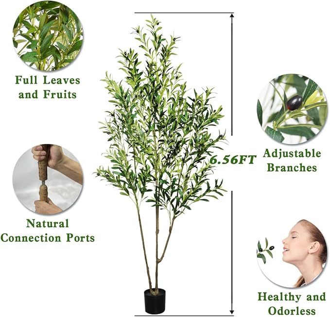 6.56ft Artificial Olive Tree, Faux Olive Tree with Lifelike Fruits, 78.74in Fake Olive Tree with Sturdy Plastic Pot, Artificial Plants for Office Home Living Room Indoor Outdoor Decor