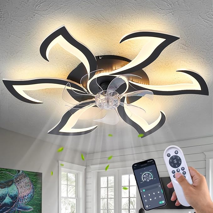 32" Black Modern Ceiling Fan with Lights Remote Control, 6 Speeds 3 Light Color Low Profile Flush Mount Ceiling Fan with Light for Kitchen Bedroom