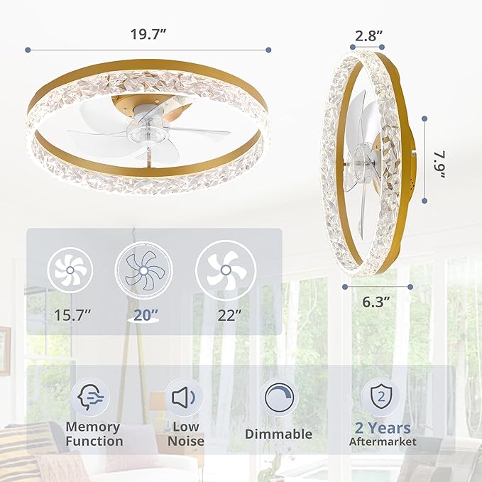 LEDIARY 20" Modern Ceiling Fans with Lights and Remote, Dimmable Low Profile Ceiling Fan, Flush Mount Fan, Stepless Color Temperature Change and 6 Speeds - Gold