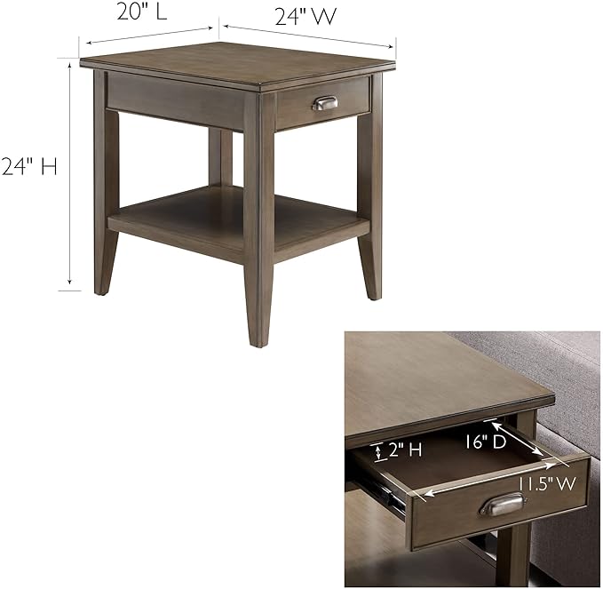 Laurent 20 in. Solid Wood End Table with Shelf and Drawer, Smoke Gray – Leick Home, 10507-GR