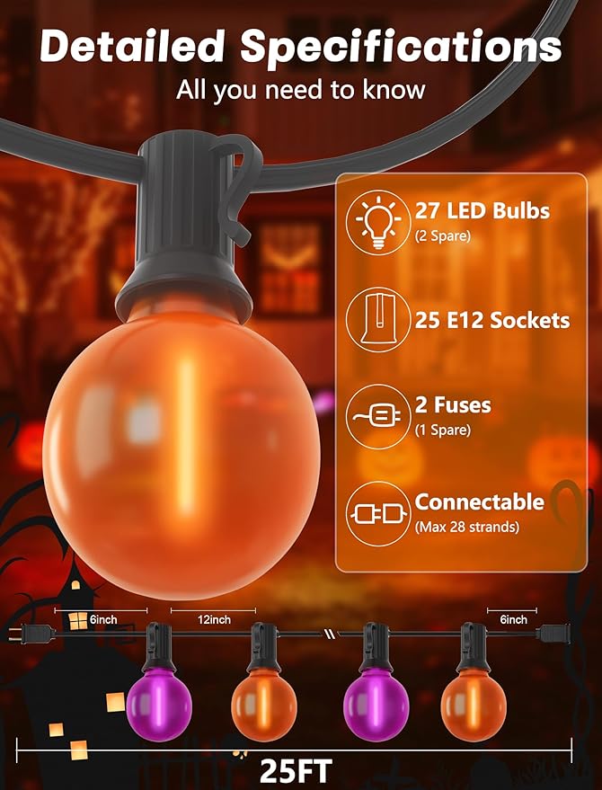 SUNSGNE 25ft Halloween String Lights Outdoor - G40 LED Orange and Purple String Lights with 27 Frosted Globe Bulbs(2 Spare), Vintage Halloween Decorations for Patio Balcony Porch Yard