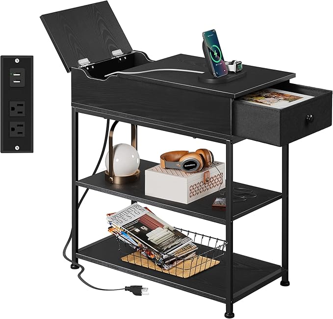 WLIVE Narrow Side Table with 2 USB Ports and 2 Outlets, Flip Top End Table with Drawer and Storage Shelves, Small Nightstand with Charging Station for Living Room/Bedroom, Black