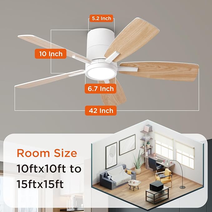 TALOYA 42 inch Ceiling Fans with Lights Remote Control, Modern Low Profile Ceiling Fan with Ultra Quiet Reversible DC Motor,Flush Mount Ceiling Fan for Bedroom Living Room