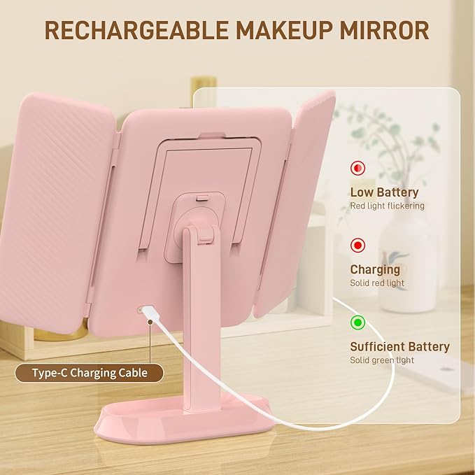 Rechargeable Trifold Makeup Mirror with Lights, 1X/3X/5X Magnification, Cordless 3-Color LED Vanity Mirror for Travel & Desk, Up to 20H Use, Ideal Gift for Women & Teens - Pink