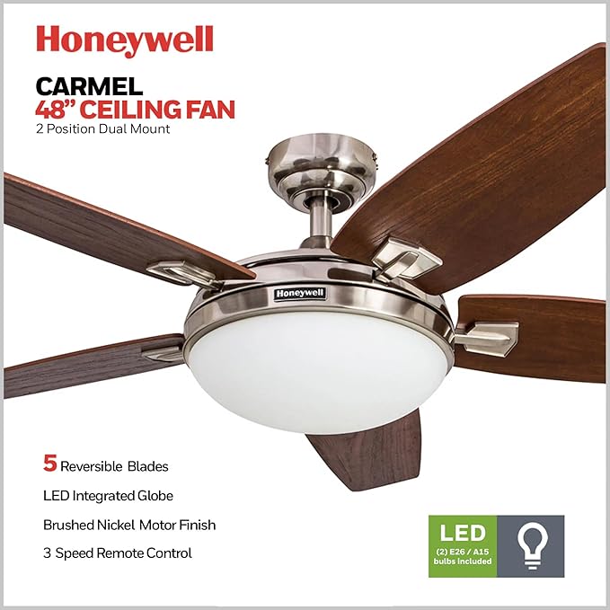 Honeywell Ceiling Fans Carmel, 48 Inch Contemporary Indoor LED Ceiling Fan with Light, Remote Control, Dual Mounting Options, Dual Finish Blades, Reversible Motor - 50196-01 (Brushed Nickel)
