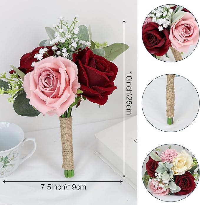Set of 2 Artificial Bridesmaid Bouquets Blush & Burgundy -7 Inch Silk Rose Wedding Flower Bouquets for Bridesmaid Holding Flowers , Bridal Shower, Wedding Centerpiece Ceremony and Anniversary