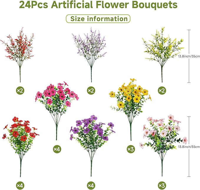 SHareconn 24 Bundles Artificial Flowers for Outdoors Decoration, Faux Plants Fake Silk Colorful Daisy Eucalyptus Lavender, UV Resistant for Outside Home Porch Patio Indoor Spring Decor, Mix 5 Colors