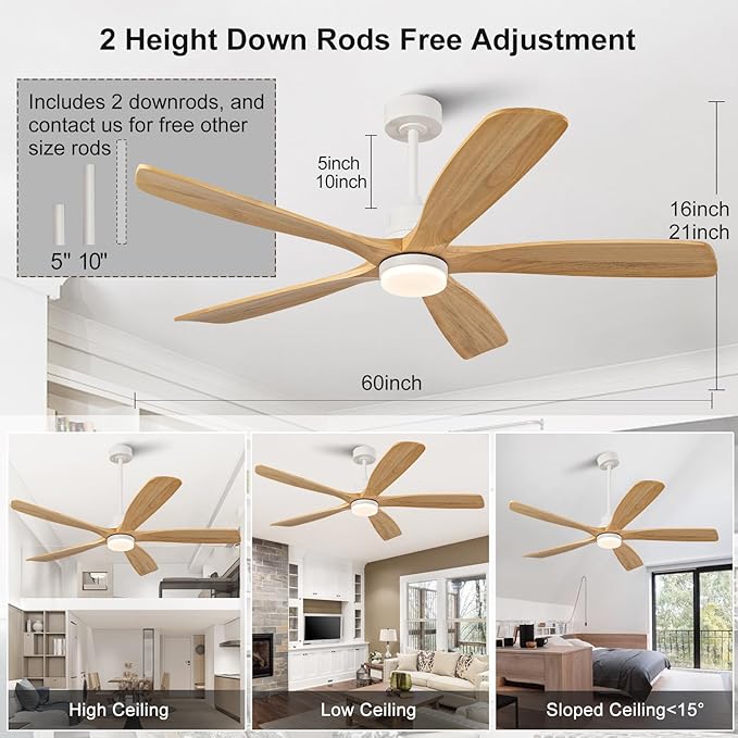 BOJUE 60 Inch Outdoor Ceiling Fans with Lights and Remote Control, Dimmable 5 Blade Wood Outdoor Ceiling Fans for Patios, White Natural Wood Bedroom Ceiling Fan with Lights, Noiseless DC Motor
