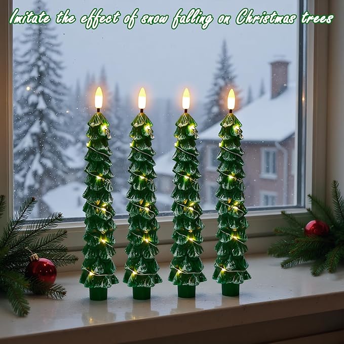 GenSwin Flameless Christmas Tree Candles with Remote Timer, Real Wax Christmas Tree Flameless Taper Candles Battery Operated with String Lights, Set of 4 LED Tree Candlesticks for Home Winter Decor