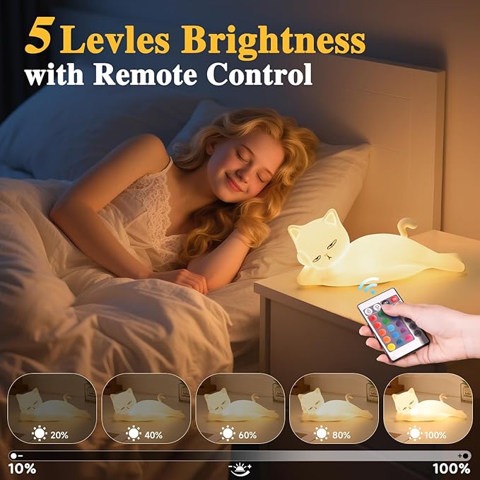 Lying Flat Cat Lamp Cat Gifts, 16 Colors+5 Dimming+Silicone Cute Lamp, Touch+Remote Control+Rechargeable Night Light for Kids, Fun & Cool Weird Stuff Random Stuff, White Elephant Gifts for Adults/Kids