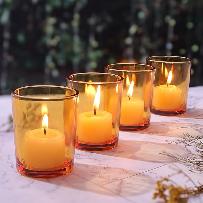 LETINE 36pcs Amber Votive Candle Holders - Glass Tea Light Candle Holders for Fall Table Decor,Boho Wedding Centerpieces, Boho Decor, Ideal for Halloween & Thanksgiving Decorations Indoor