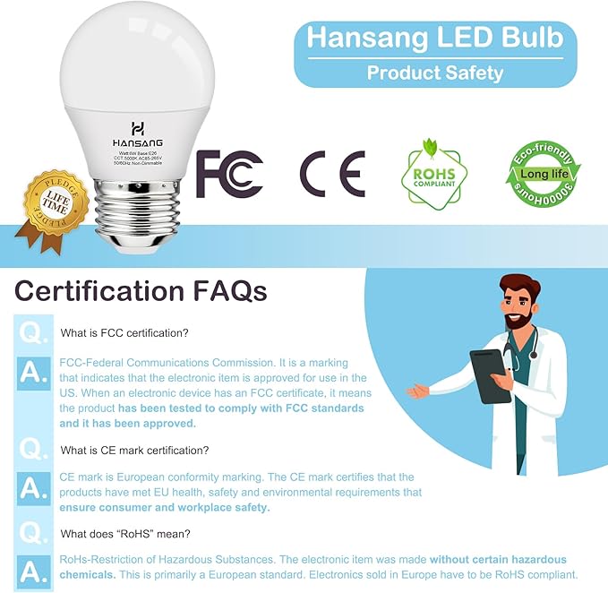 hansang A15 LED E26 Small Light Bulb, Daylight 5000K, 60Watt Equivalent Ceiling Fan Light Bulbs, E26 Standard Base Appliance Light Bulb, 600 Lumen, CRI85+, Eye Protection, 120V, Non-Dimmable 8 Pack