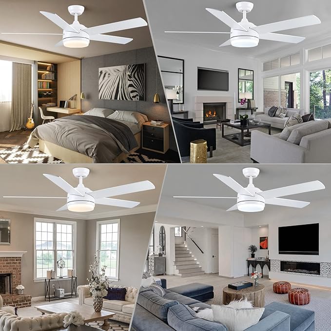 YUHAO 52 Inch White Ceiling Fan with Light and Remote Control.Noiseless,Dimmable,3CCT,6 Speeds Reversible, DC Ceiling Fans for Indoor or Covered Outdoor