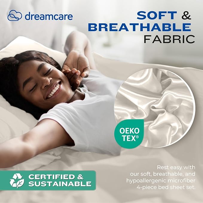 DREAMCARE California King Sheet Sets – 4 pcs Cooling Sheets – up to 21” Deep Cal King Sheets – Hotel Luxury Sheets & Pillowcases – Superior Softness 100% Fine Microfiber with Side Pocket – Ivory