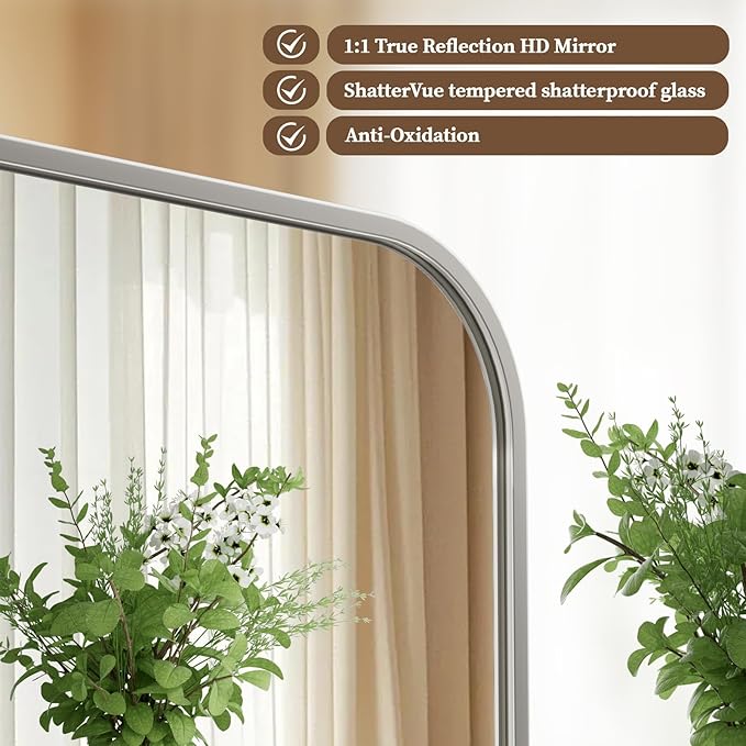 BEAUTYPEAK Wall Mounted Bathroom Mirror - 26" x 38" Silver Rectangular Aluminum Alloy Frame Mirror with Rounded Corners