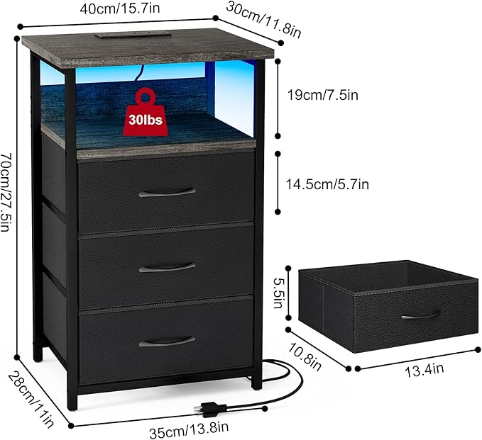 Fixwal Night Stand with Charging Station, LED Nightstand with U-S-B Ports and Outlets, 3 Fabric Storage Drawers with PU Finish, Bed Side Table, Charcoal Gray