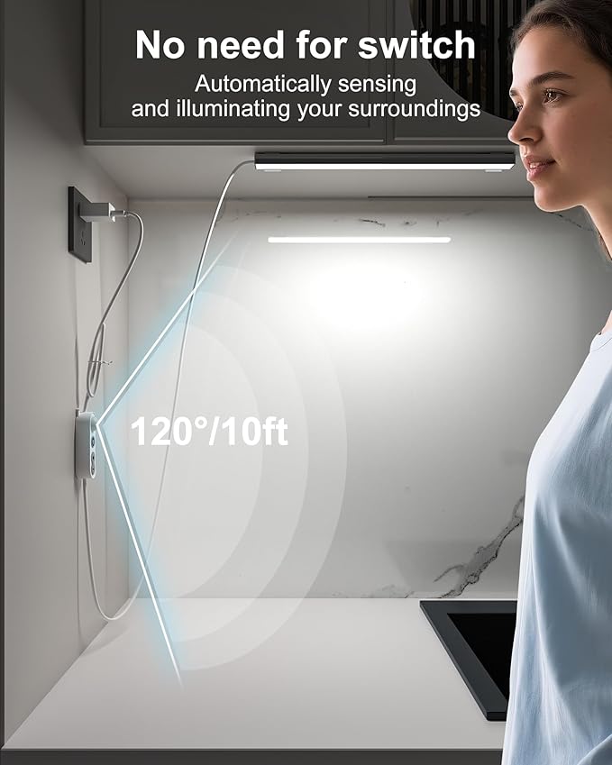 ASOKO Motion Sensor Dimmable Led Under Cabinet Lighting,12 inches Plug in Led Counter Light Bars, Cool White 6000K Light Bar for Kitchen/Closet/Wardrobe/Shelf/Desk/Display Case