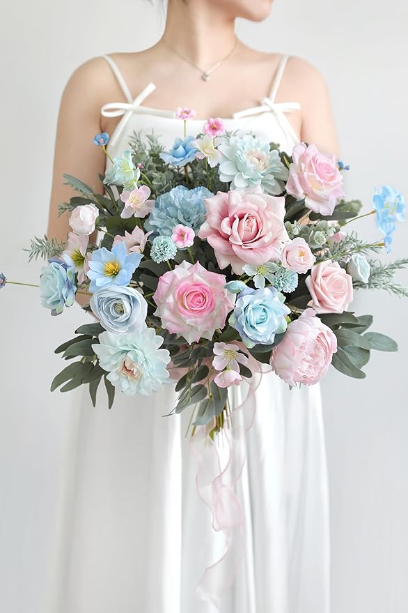 Artificial Flowers Combo Box Set Silk Flowers Fake Rose for DIY Floral Arrangements Wedding Bouquets Centerpieces Baby Shower Party Home Decorations (Blue Pink)