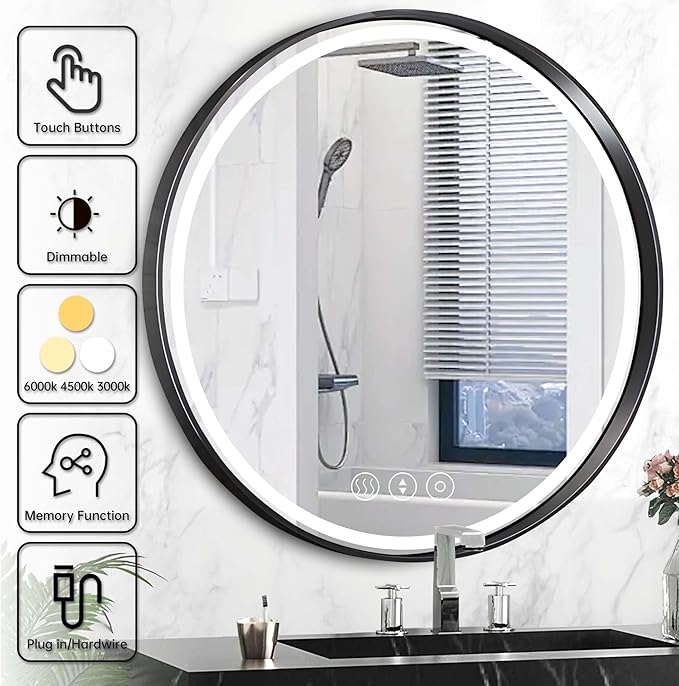 24 Inch Round Bathroom Mirror with Lights, Black Metal Framed Frontlit Circle Mirrors for Wall, Led Light Mirror with Anti-Fog, Memory Function, 3 Color Temperature, Dimmable Makeup Mirror