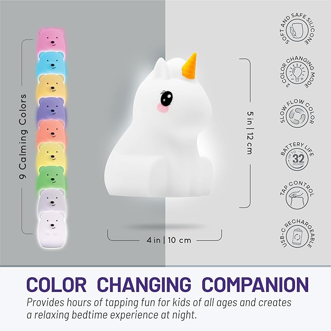 Lumipets Cute Unicorn Night Light for Kids - Rechargeable Battery, Perfect for Kids Room