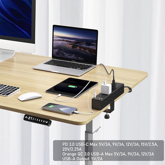 CCCEI Standing Desk Clamp Power Strip with 15 Outlets, Black Desktop Edge Mount Surge Protector Outlet, Fast Charging USB-A and 45W USB-C Ports, 15 FT Flat Plug, Black Fit 1.6 inch Table top.