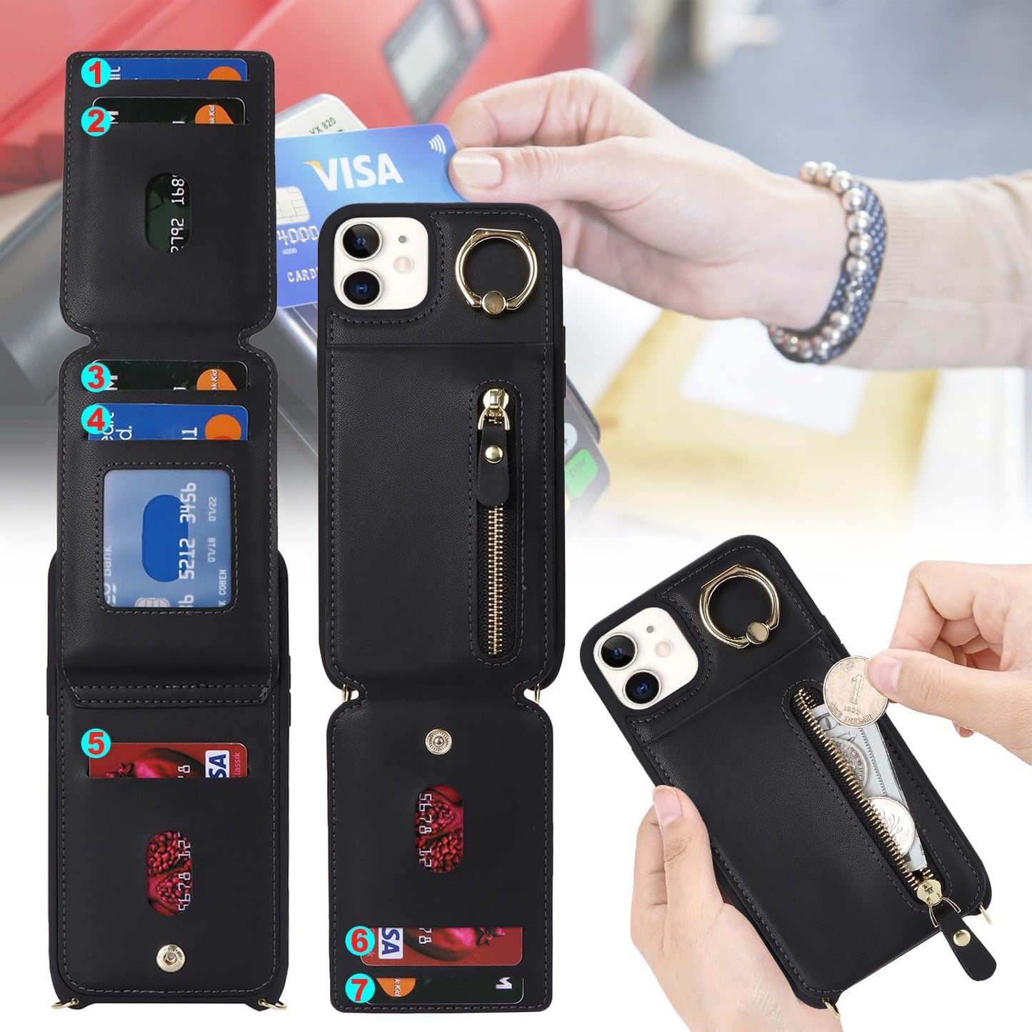 iPhone 12 Case Wallet with Card Holder for Women, Crossbody with Strap, Kickstand Zipper Case - Black