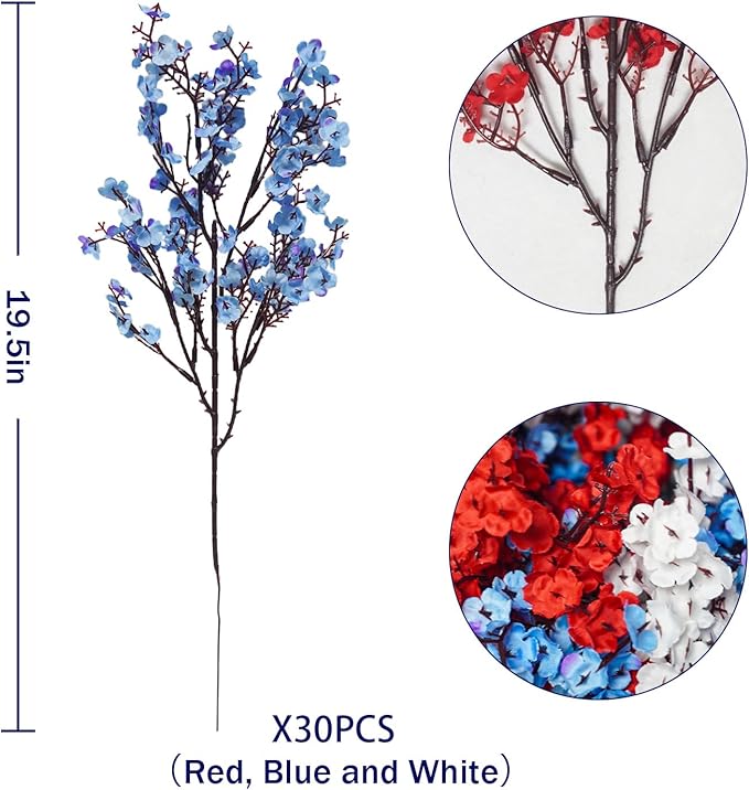 Uieke 6Pcs 4th of July Artificial Flowers Fake Patriotic Babys Breath Flowers for Independence Day Decor Blue White Red Silk Flowers for Memorial Day Floral Arrangement Home