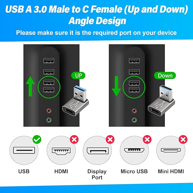 90 Degree USB to USB C Adapter 2 Pack, Up and Down Right Angle USB C Female to A Male Charger Connector Converter USB L Shape Extender, Support Charge & Data Sync for PC, Laptop, Mouse, Keyboard