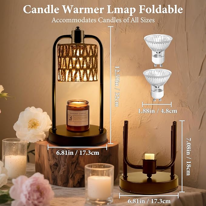 Candle Warmer Lamp Wax Light: Electric Melt Warming Lamps for Yankee Candles with Timer Dimmable for Birthday Christmas Gift, Room, New House, Bedroom, Vintage Home Decor (Black + Brown Hemp Rope)
