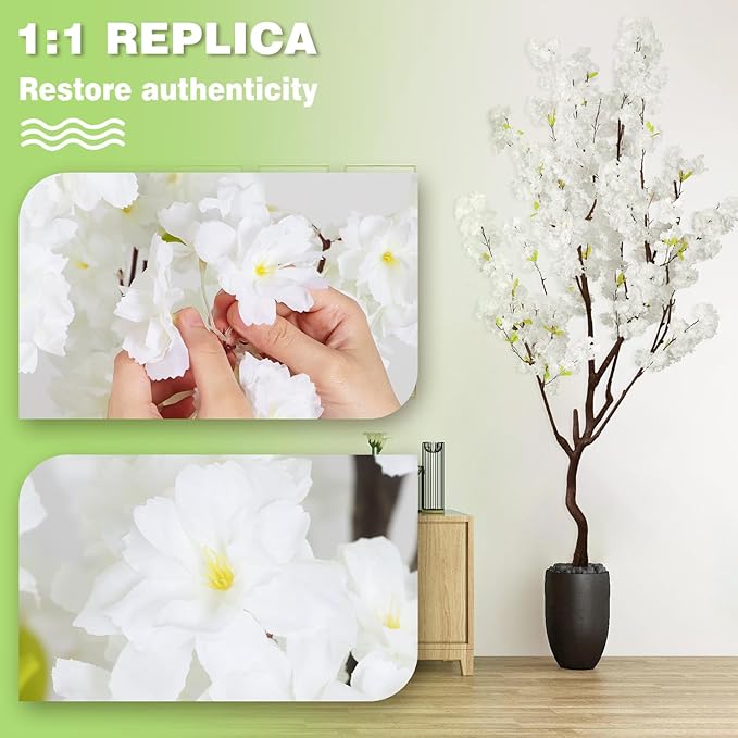7.2ft Tall Artificial White Cherry Blossom Tree Indoor Decor, Fake Silk Flower Cherry Tree Plant Outdoor, Faux Flowering Tree Realistic for Home Living Room Front Door Office