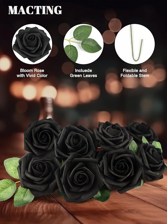 MACTING Artificial Black Rose Flowers 30PCS Real Touch Fake Flowers with Stem Foam Roses for DIY Wedding Bouquet Gifts Table Centerpieces Party Bridal Shower Home Gothic Halloween Decor