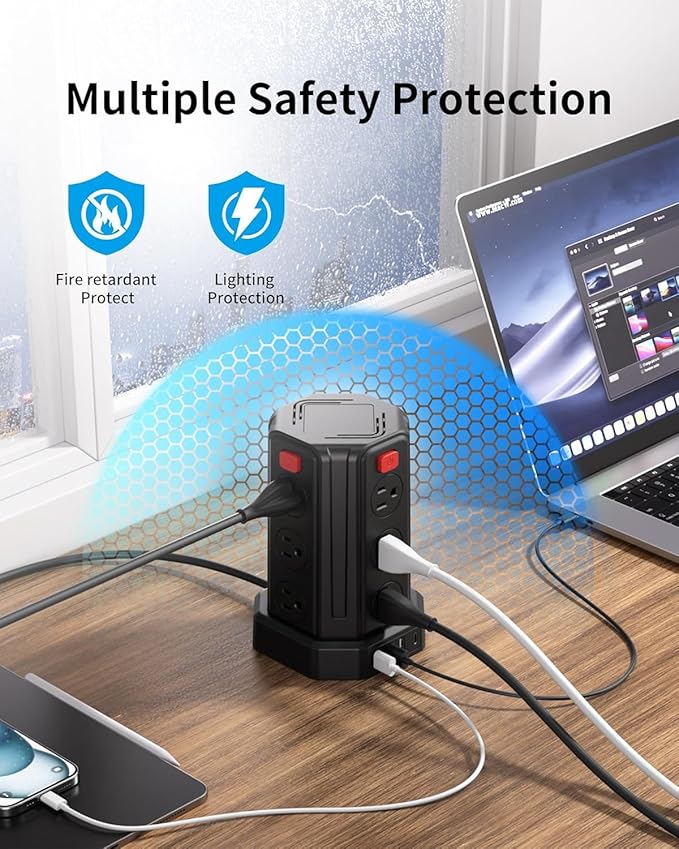 Power Strip Surge Protector, 10 Ft Extension Cord with 12 AC Multiple Outlets 4 USB (1 USB C), SMALLRT Power Tower Desktop Charging Station
