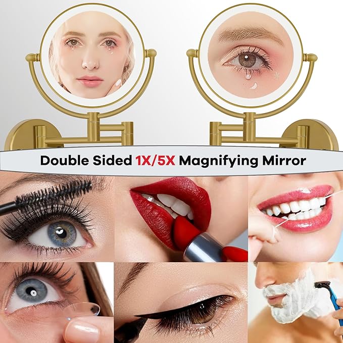 Hardwired Lighted Magnifying Makeup Mirror Wall Mount Gold, 1/5X Double Sided Vanity Mirror Bathroom, Touch Dimming, 360 Rotation Extension Arm Shaving Light up Mirror, Brushed Moderne Brass